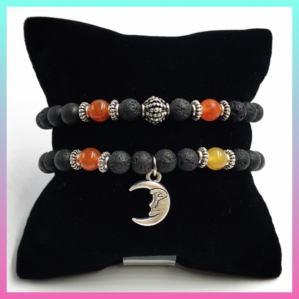 Carnelian moon bracelet . carnelian & black lava rock beads Silver moon charm